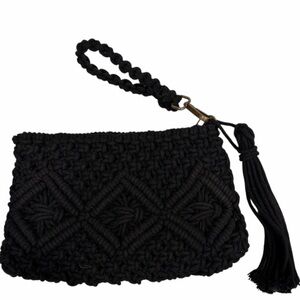 London Kaye Black Macramé Crocheted Wristlet Tassel Zip Boho Clutch EUC